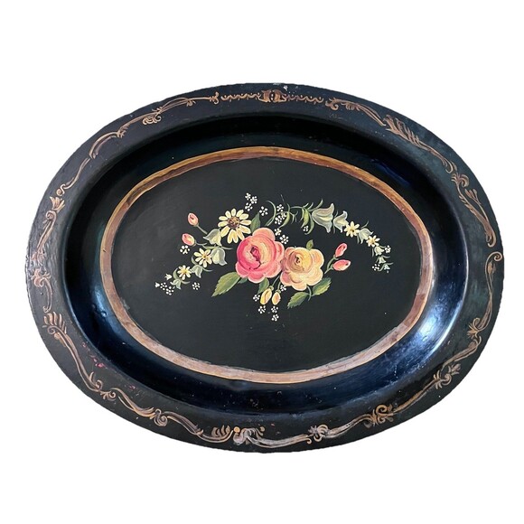 Vintage Large Floral Hand Painted Oval Tole Tray Black Tin Cottage Country Metal - Picture 1 of 7